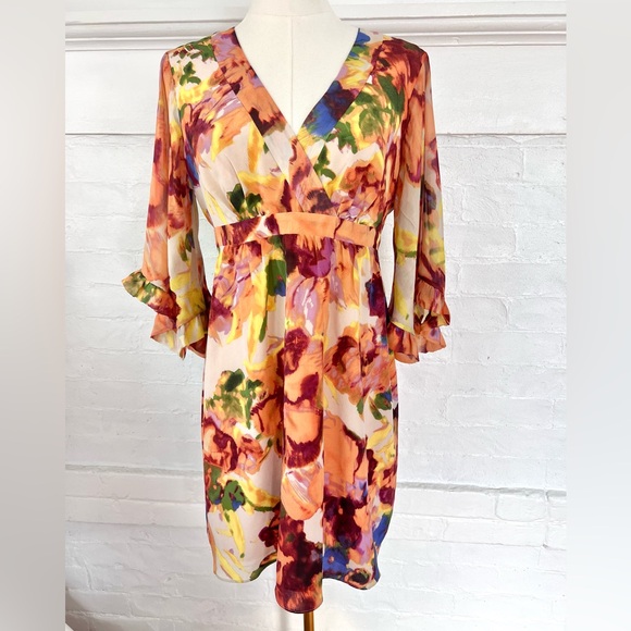 Anthropologie Maeve Deloria Floral Silk Dress Watercolor Kimono Sleeve Petite 4 - Picture 1 of 15